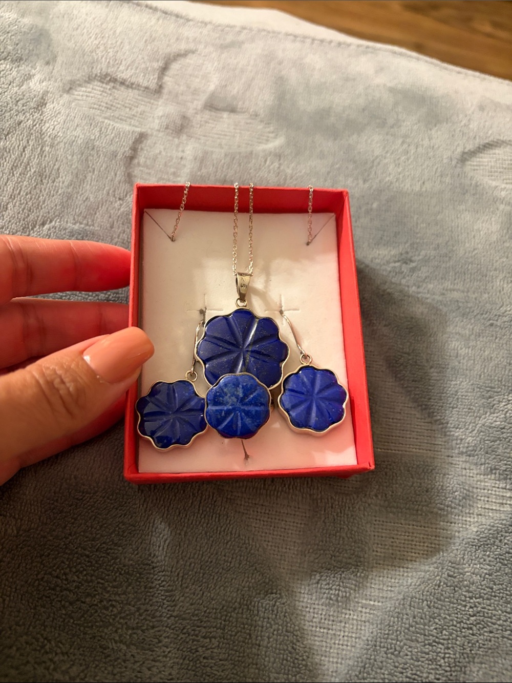Lapis Lazuli Authentic Floral Carved Stone Necklace and Earrings Set